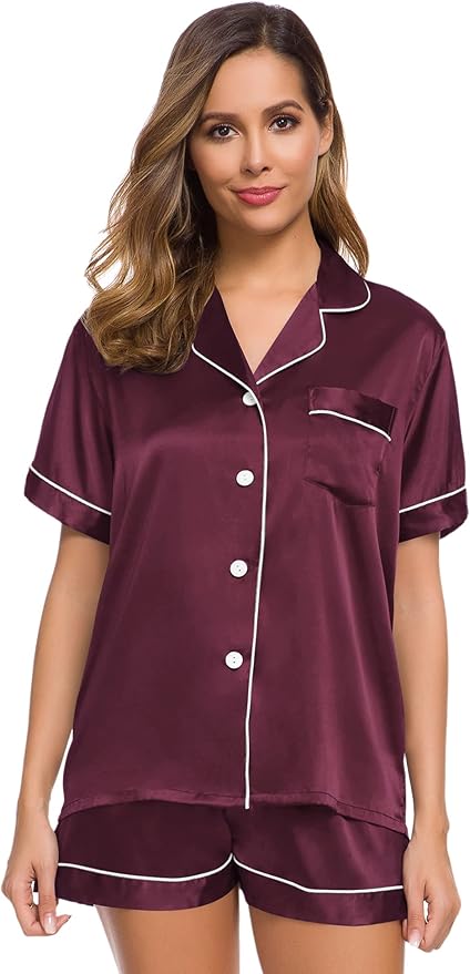 SWOMOG Womens Silk Satin Pajamas Set Short Sleeve Sleepwear Button Down Top and Shorts Loungewear 2 Piece Pjs Set XS-3XL