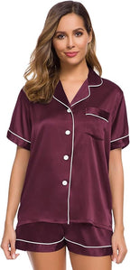 SWOMOG Womens Silk Satin Pajamas Set Short Sleeve Sleepwear Button Down Top and Shorts Loungewear 2 Piece Pjs Set XS-3XL