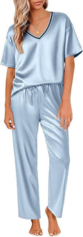 Ekouaer Satin Pajama Set for Women Short Sleeve Silky Pjs 2 Piece Lounge Sets Soft Comfy Sleepwear Loungewear S-XXL