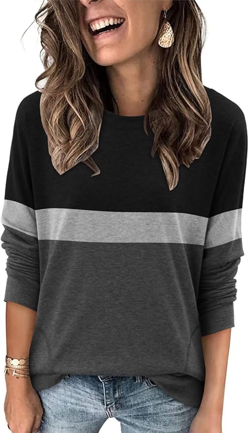 Magritta Women's Long Sleeve Leopard Color Block Tunic Comfy Crewneck T Shirt Tops Black XL