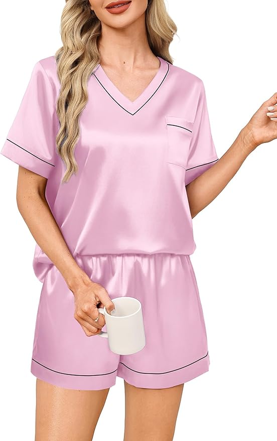 WIHOLL Silk Pajamas for Women Short Sleeve Sleepwear Soft Lounge Sets 2 Piece Satin Pjs