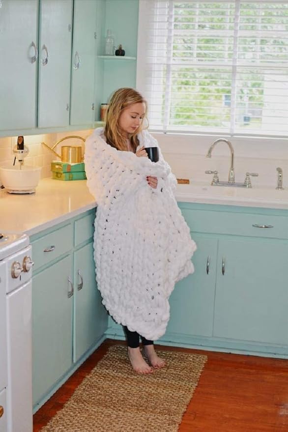Chunky Knit Blanket Hand Made Merino Wool Throw Boho Bedroom Sofa Home Decor Giant Yarn(White 40"x60")
