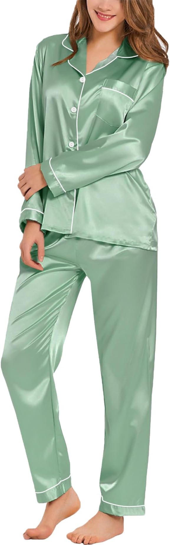 SWOMOG Womens Silk Satin Pajamas Set Long Sleeve Button Down Sleepwear 2 Piece Lounge Set Pj Set XS-3XL