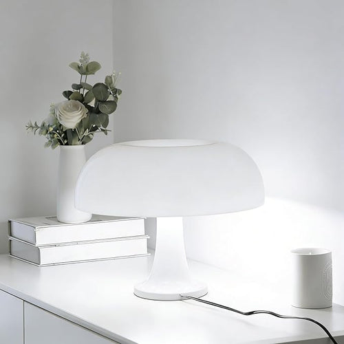 25W White Mushroom Lamp, LED Retro Table Lamp with 3 Color Temperatures and 4 Bulbs, Mid Century Modern Nightstand Light for Bedroom, Living Room, Office Aesthetic Decor, US Plug Powered, E14 Sockets