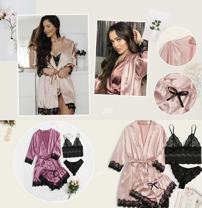 Womens Silk Pajamas Robes Set 4PACKS Sexy Pjs Cami Shorts Satin Sleepwear Lace Loungewear