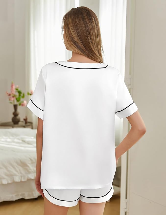 Silk Pajamas for Women Short Sleeve Satin 2 Piece Pj Set Soft V Neck Sleepwear Loungewear, S-XXL