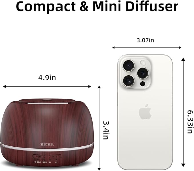 SEEDSEEL 300ML Essential Oil Diffuser, Aromatherapy Diffuser with Remote Control, 4 Timers, 7-Color LED Light and Waterless Auto-Off for Room, Bedroom, Home
