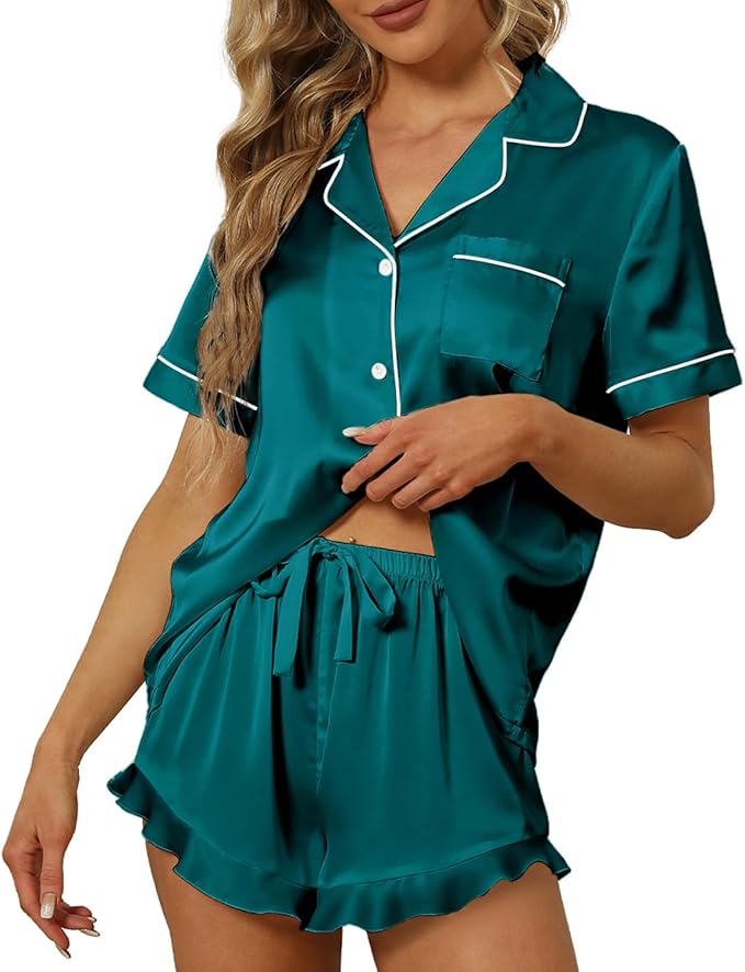 SAPJON Satin Silk Pajamas for Women 2Pcs Ruffle Notch Collar Sleepwear Button Down Short Sleeve Shorts Pjs Set Loungewear