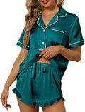 SAPJON Satin Silk Pajamas for Women 2Pcs Ruffle Notch Collar Sleepwear Button Down Short Sleeve Shorts Pjs Set Loungewear