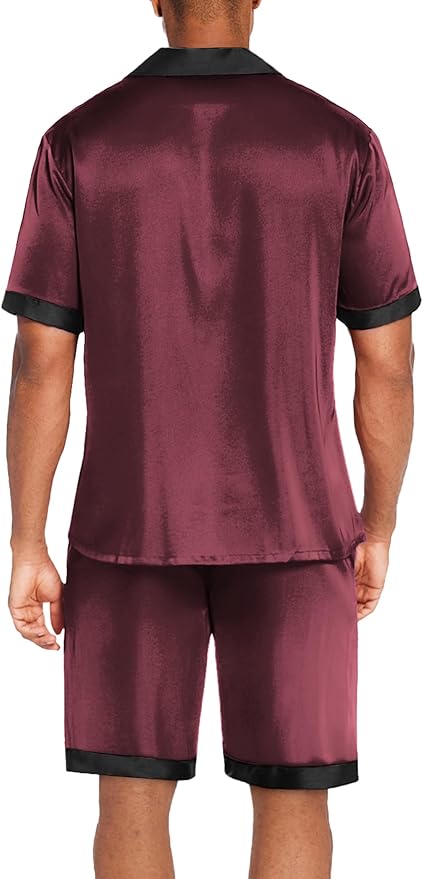 Ekouaer Men Satin Silk Pajamas Set with Pockets Sleepwear Shorts Satin Summer Loungewear 2 Piece Button Down Set S-3XL