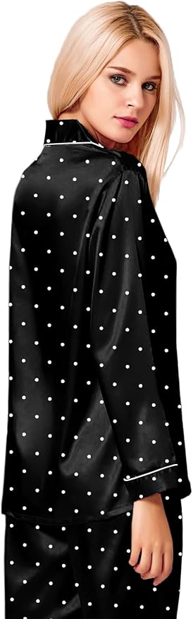 SWOMOG Womens Silk Satin Pajamas Set Long Sleeve Button Down Sleepwear 2 Piece Lounge Set Pj Set XS-3XL