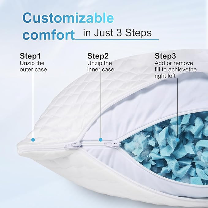 NTCOCO Cooling Bed Pillows King Size for Sleeping Shredded Memory Foam Bed Pillows Adjustable Gel for Side Stomach Back Sleepers Washable Removable Cover