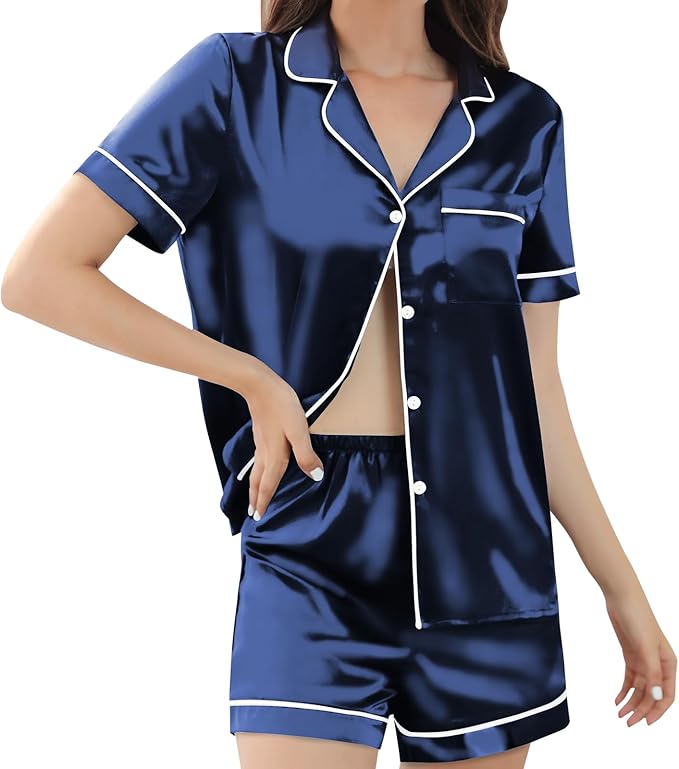 Silk Pajamas for Women Satin Womens PJ Set 2 Piece Short Lounge Set Summer Sleepwear Notch Collar Button-Down Pjs