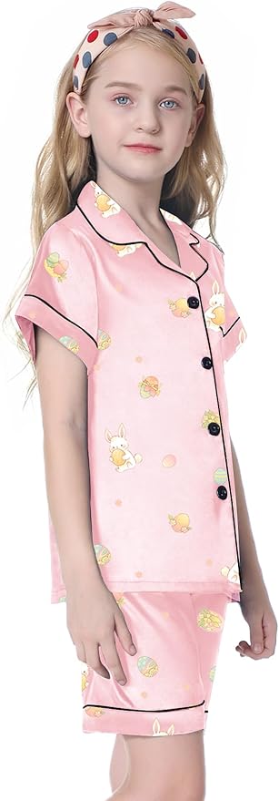 Umeyda Women & Girls Pajamas Set, Soft Satin Lightweight Silk Button-Down Top with Shorts 2 Piece PJS for Mom Boys Kids Gifts