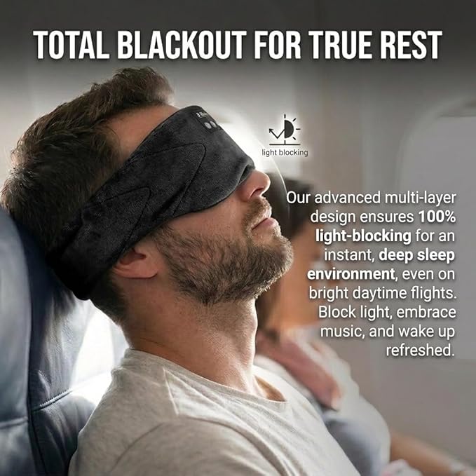 Sleepals Bluetooth Sleep Mask with 24 Built-in White Noise Sounds, Ultra-Slim Headphones for Side Sleepers, 100% Light Blockout 3D Eye Mask, Washable Fleece Sleep Headphones (Black)