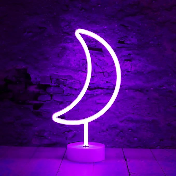 LED Moon Neon Signs, Purple Crescent Night Lights USB Battery Operated Moon Lamp for Birthday Party, Wedding, Halloween, Christmas Decorations-Holder Base(Purple)