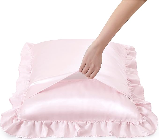 Silky Satin Ruffled Pillow Cases for Hair and Skin,Blush Pink Silk Pillowcases King Set of 2 with Envelope Closure Princess Room Decoration