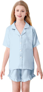 Umeyda Girls & Women Satin Pajamas Set Button Down 2 Piece Silk Pjs Shorts Set Ruffle Sleepwear, 5 Years-Women L