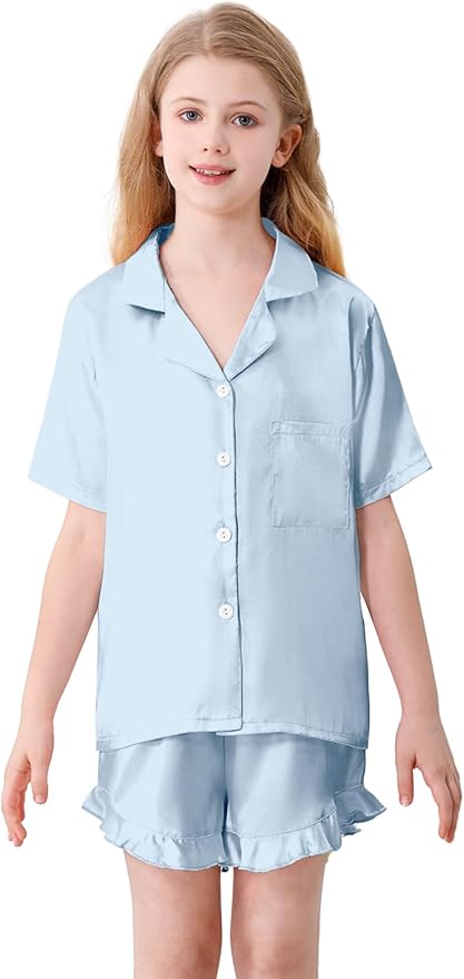 Umeyda Girls & Women Satin Pajamas Set Button Down 2 Piece Silk Pjs Shorts Set Ruffle Sleepwear, 5 Years-Women L