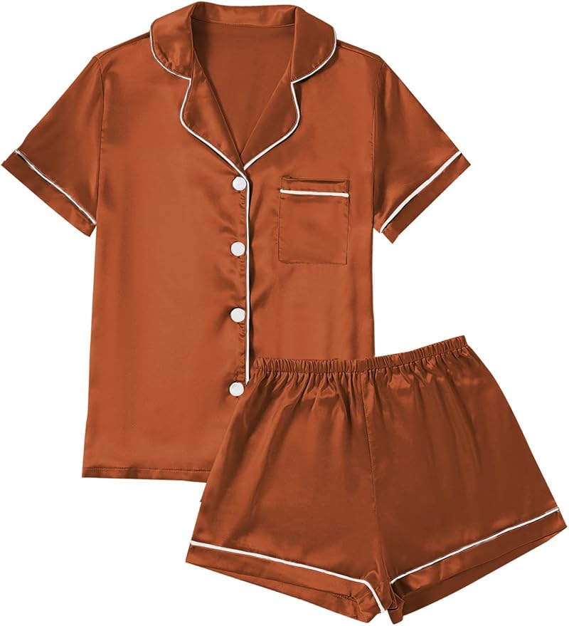LYANER Women's Silky Satin Pajamas Set Short Sleeve Button Down Shirt With Shorts Pjs Set Sleepwear