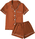 LYANER Women's Silky Satin Pajamas Set Short Sleeve Button Down Shirt With Shorts Pjs Set Sleepwear
