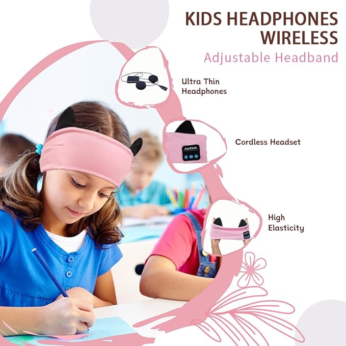 Joythink Kids Bluetooth Headband Headphones Sleep Mask Wireless Earphones Built in Thin Speaker Adjustable Sports Headset Sleep Headband for Girls Boys Toddler Children Baby Travel Study Pink