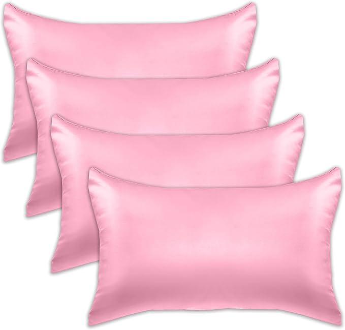 Elegant Comfort 4-Pack Cooling Viscose Satin Pillowcase Set with Hidden Zipper Closure, Silky Smooth for Hair and Skin Care-Beautiful Gift Box-4-Piece Satin Pillowcase Set, Standard/Queen, Light Pink