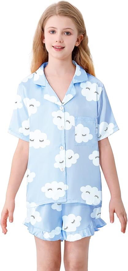 Umeyda Girls & Women Satin Pajamas Set Button Down 2 Piece Silk Pjs Shorts Set Ruffle Sleepwear, 5 Years-Women L
