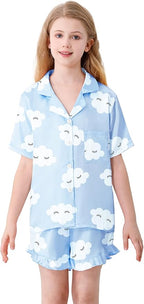 Umeyda Girls & Women Satin Pajamas Set Button Down 2 Piece Silk Pjs Shorts Set Ruffle Sleepwear, 5 Years-Women L
