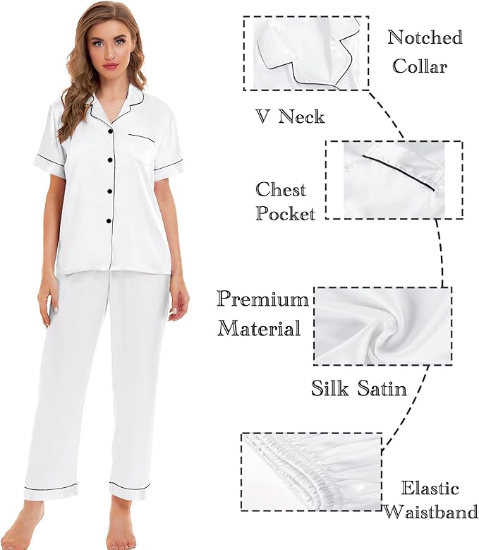 SWOMOG Women Satin Pajamas Set Short Sleeve Top & Pants Sleepwear Silky Button Down Nightwear 2pcs Loungewear Pjs Set
