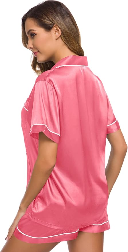 SWOMOG Womens Silk Satin Pajamas Set Short Sleeve Sleepwear Button Down Top and Shorts Loungewear 2 Piece Pjs Set XS-3XL