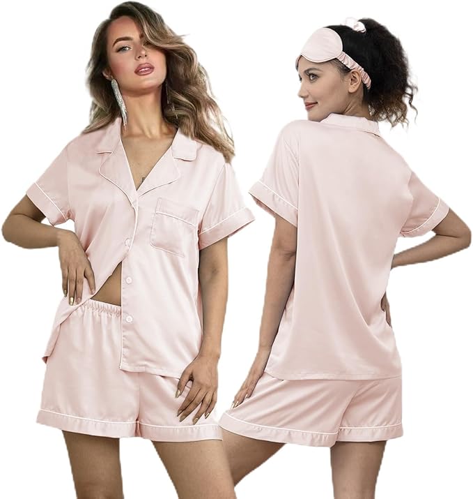 WJing Yi Jia 5Pcs Womens Soft Satin Pajama Set XS-4XL Button-Down Silk Pajamas Floral Sleepwear Bridal Pjs Lounge Pj Sets