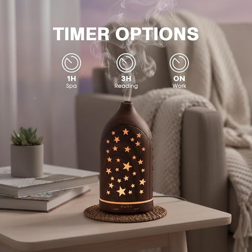 Aromatherapy Diffusers,7.1''x3.5''Diffuser with 3 Essential Oil Set,Small 200ml Office Desk Humidifier with 7 LED Colors Night Lights,Waterless Auto-Off for Home Decor Gift (Star Dark Wood Grain)
