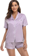Serenedelicacy Women's Satin Pajama Set 2-Piece Sleepwear Loungewear Button Down Short Sleeve Silky PJ Set