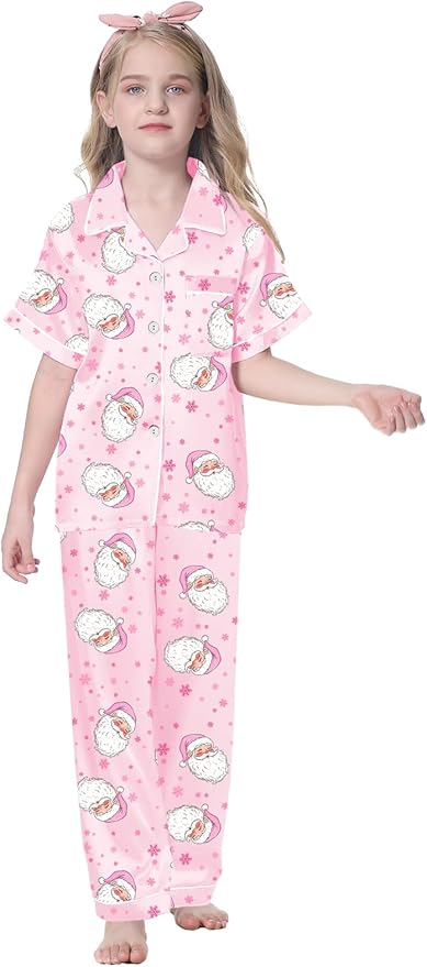 Umeyda Girls Womens Pajamas Set, Satin Silky Button Down Loungewear 2 Piece Short Sleeve Pants PJS Sets for Mommy Kids
