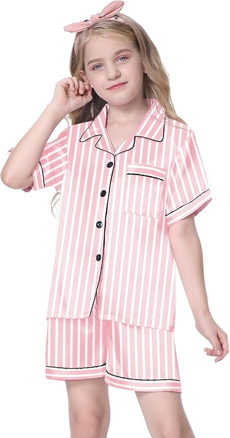 Girls & Womens Satin Pajamas Set, Silk Button-Down Sleepwear 2 Piece Nightwear, 3 Years - Women XXL
