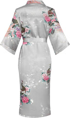 Valennia Women Long Silky Bathrobe Satin Kimono Robe Floral Printed Dressing Gown Sleepwear