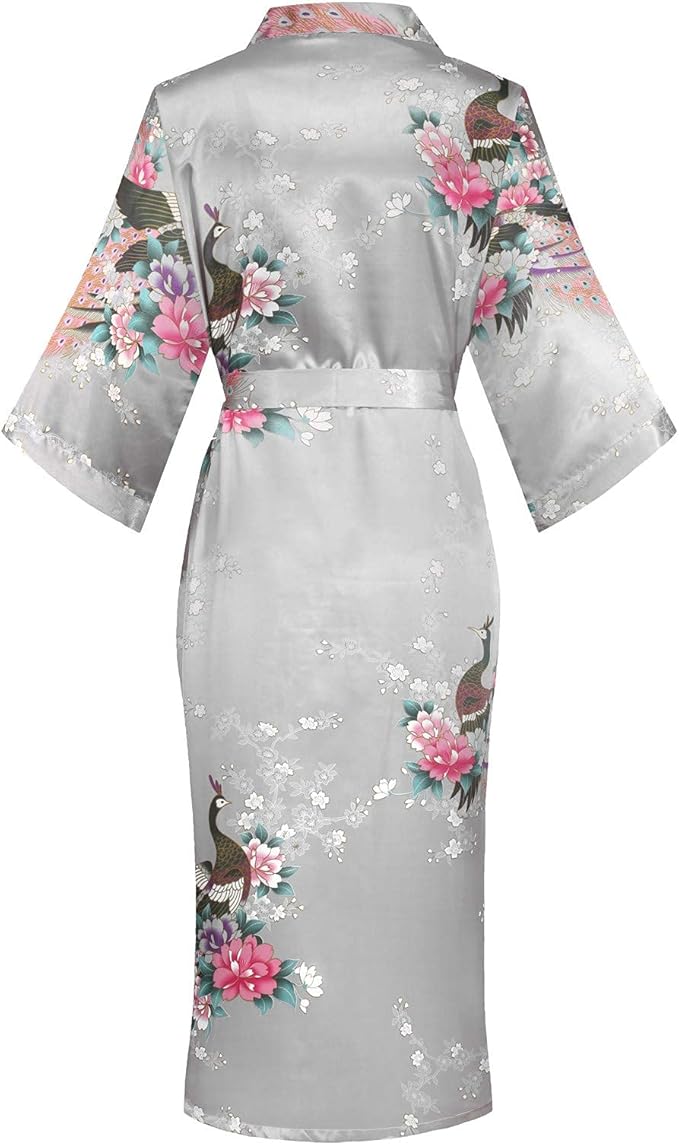 Valennia Women Long Silky Bathrobe Satin Kimono Robe Floral Printed Dressing Gown Sleepwear