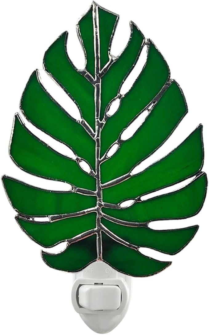 CHEZBABY Plant Stained Glass Night Light Plug into Wall Lamp Decorative Accent Nightlight for Hallway Bedroom Bathroom Kitchen Home Décor(Monstera)