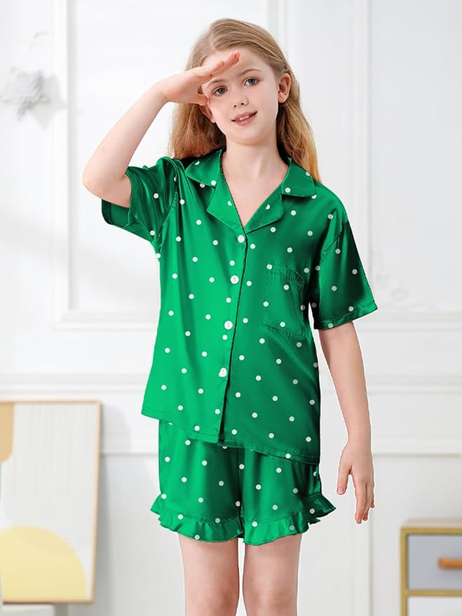 Umeyda Girls & Women Satin Pajamas Set Button Down 2 Piece Silk Pjs Shorts Set Ruffle Sleepwear, 5 Years-Women L