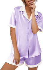 Ekouaer Womens Silk Satin Pajama Set Short Sleeve PJs 2 Piece Button Down Top and Shorts Notch Collar Sleepwear Sets Soft Pjs