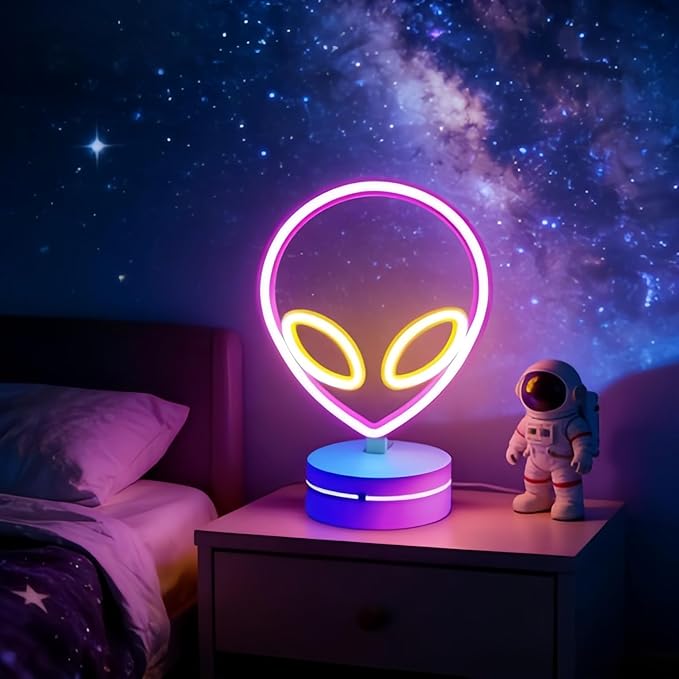 Alien Neon Sign Lamp Lamp Dimmable LED with Standable Base and Touchable Switch,USB or 3-AA Battery Powered Neon Signs LED Desktop Wall Decoration for Party, Bedroom ，Birthday Christmas Gift