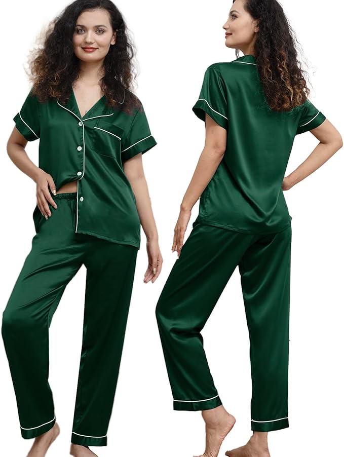 WJing Yi Jia Womens Pajamas Set XS-4XL Floral Silk Satin Pajama Sets Silky Pj Sets 2Pcs Loungewear Sleepwear Button Down Pjs