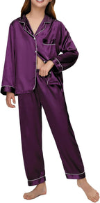 EPLAZA Kids Satin Pajamas Sets Girls Boys Button-Down Silky Pajamas Sleepwear with Hairband Eye Mask Hair Tie