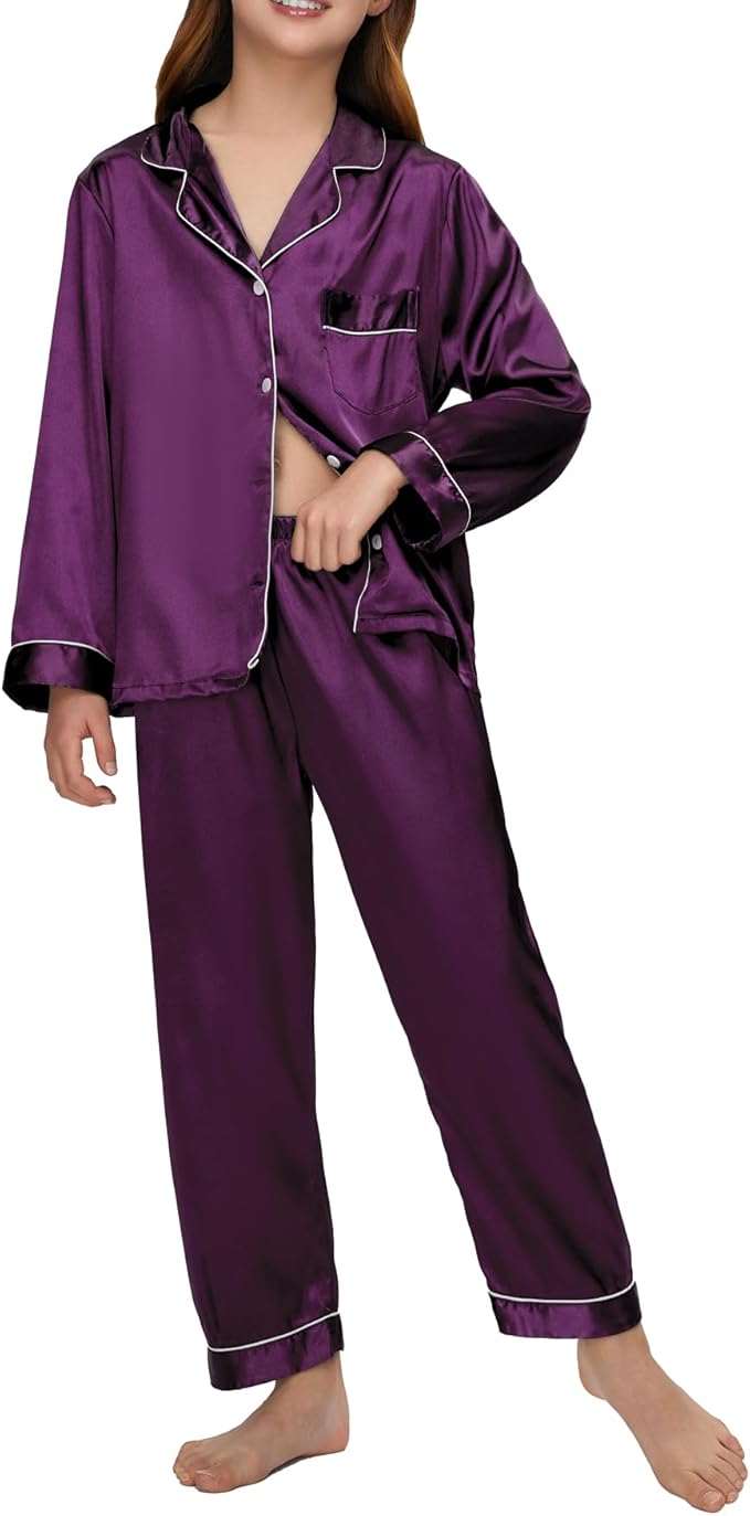 EPLAZA Kids Satin Pajamas Sets Girls Boys Button-Down Silky Pajamas Sleepwear with Hairband Eye Mask Hair Tie