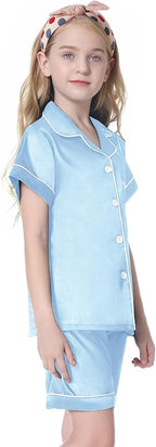 Umeyda Women & Girls Pajamas Set, Soft Satin Lightweight Silk Button-Down Top with Shorts 2 Piece PJS for Mom Boys Kids Gifts