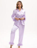 MORFORU Satin Pajama Set for Women Feather Trim Long Sleeve Pjs with Sleep Mask Headband Scrunchie Sleepwear Lounge Set