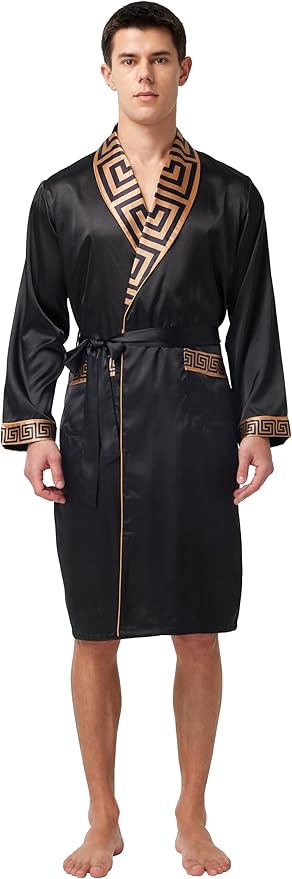 Tony & Candice Men's Satin Robe Lightweight Long Sleeve Silk Kimono Bathrobe with Shorts Set Sleepwear