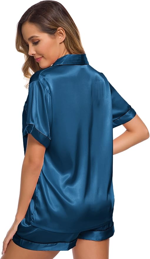 SWOMOG Womens Silk Satin Pajamas Set Short Sleeve Sleepwear Button Down Top and Shorts Loungewear 2 Piece Pjs Set XS-3XL
