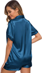 SWOMOG Womens Silk Satin Pajamas Set Short Sleeve Sleepwear Button Down Top and Shorts Loungewear 2 Piece Pjs Set XS-3XL